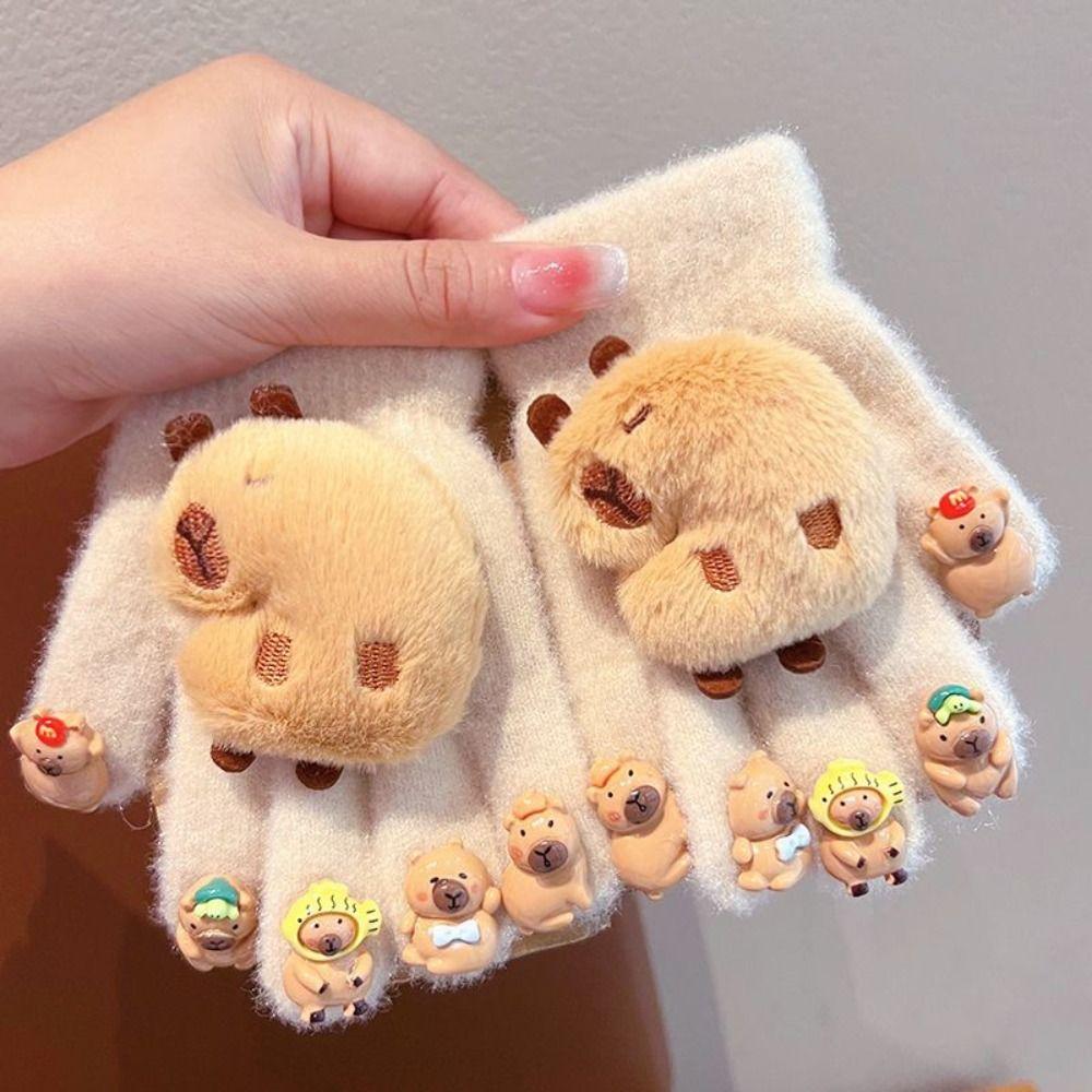 

Keep Warm Cartoon Capybara Gloves Cute Five Finger Gloves Winter Children Gloves Autumn&Winter Beige-Side Face