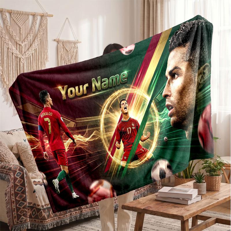 Coperta Personalizzata in Pile Cristiano Ronaldo con Logo Calcio, Testo Nome Personalizzato Morbida Calda Coperta da Divano per la Casa
