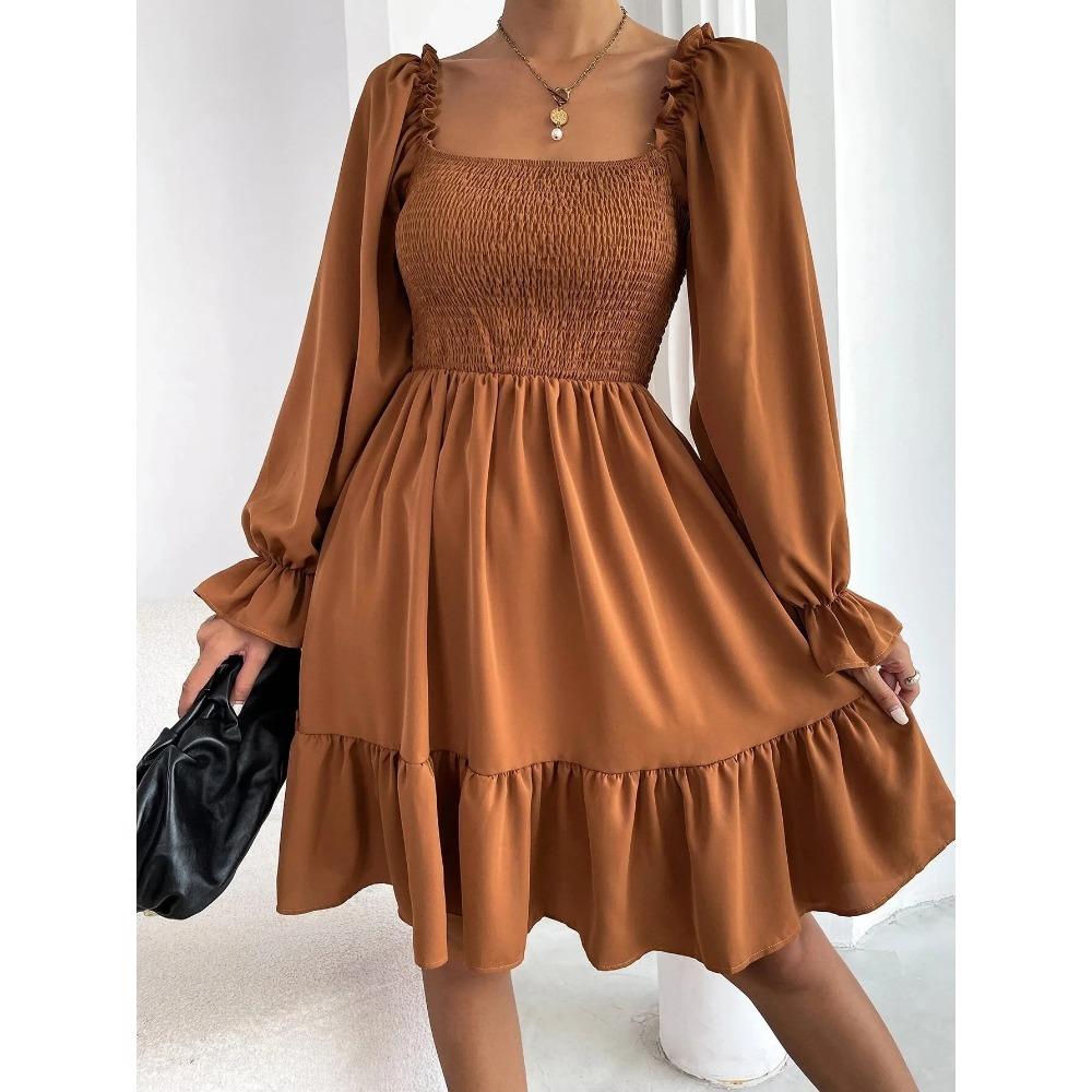 European and American French Simple Square Collar Parallel Crepe Sewing Body Ruffled Hem Dress