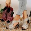 Women's Rhinestone Cutout Block Heel Sandals Open Toe Cover Heel Fashion Glitter Embellished Gladiator Sandals Female Shoes