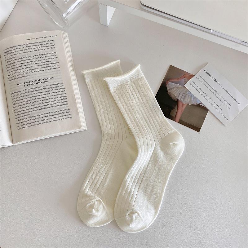 

Белые вертикальные подвернутые носки для девочек, из чистого хлопка, тонкие на весну и лето, однотонные носки до середины икры для студентов, длинные носки 1 pair молочный белый