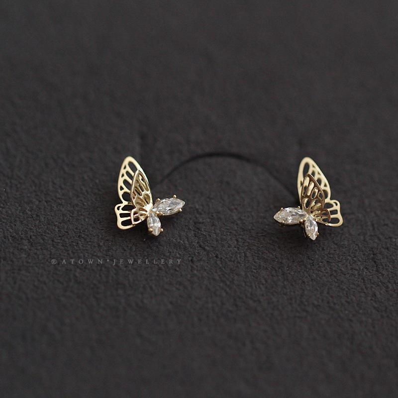 Elegant Hollow Zirconia Butterfly Earrings: 14K Gold-Plated S925 Sterling Silver Studs Silver Pair (with Silver Earplugs)