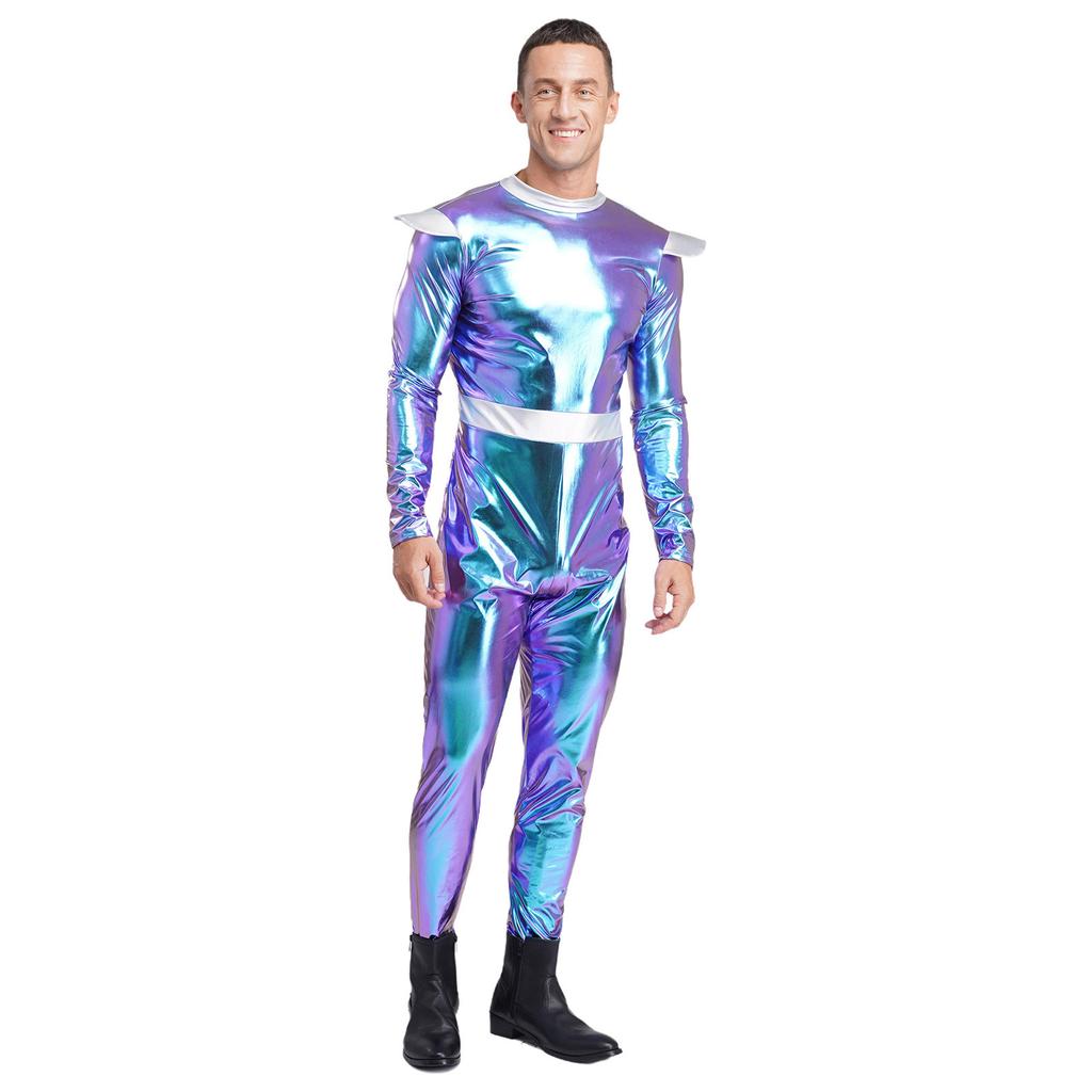 One-Piece Outer Space Costume for Men M-3XL: Easy Wear Long Sleeve Jumpsuit, Combines Cute & Robotic Styles for Photos