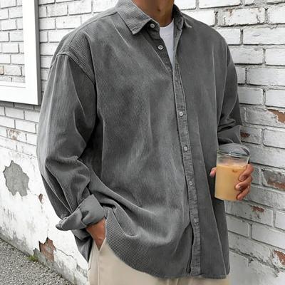 Men Corduroy Shirt Button Down Long Sleeve Lapel Shirt Classic Solid Color Loose Casual Shirt Jacket for Work Dating Street Wear