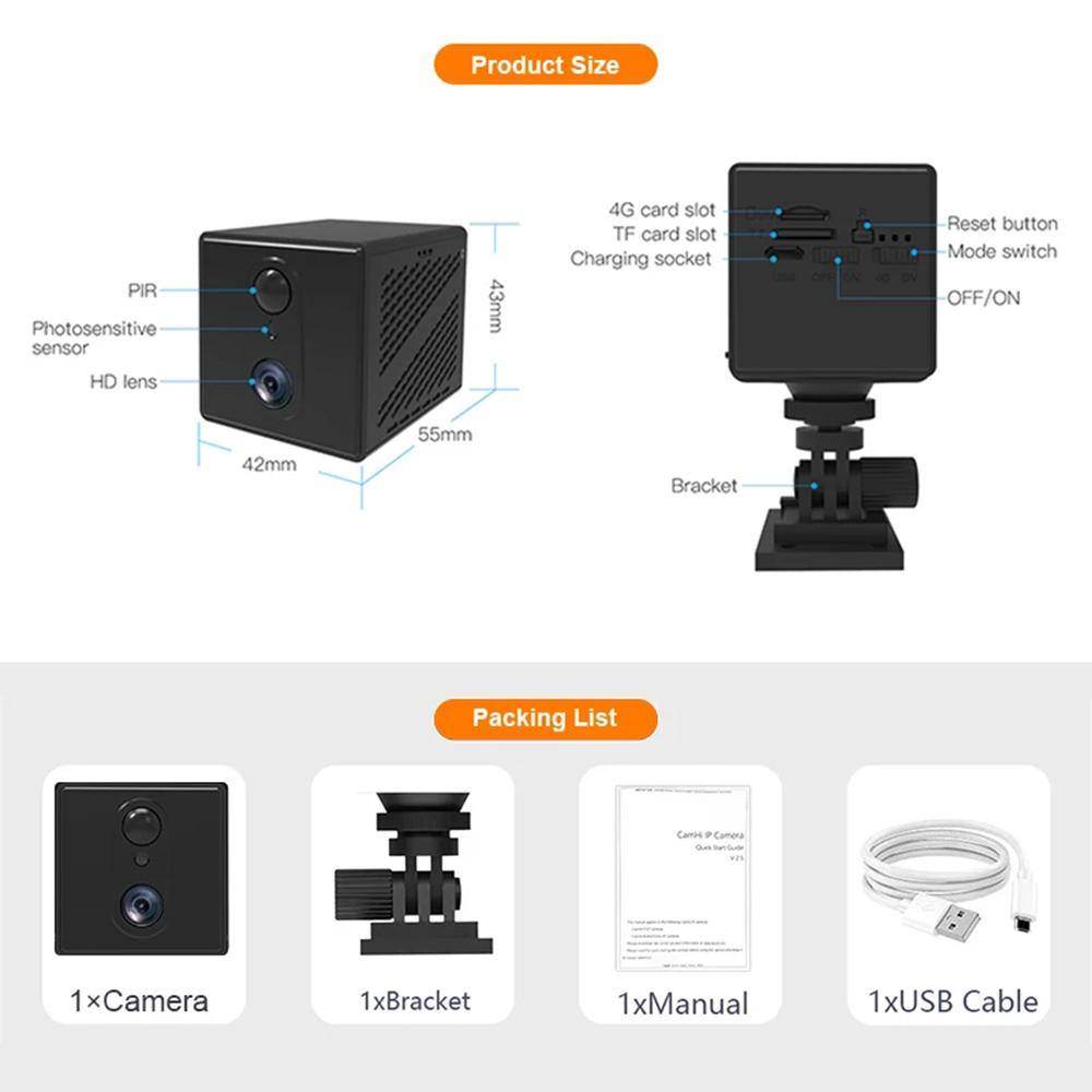 Mini Security Camera 4G SIM Card WiFi 5MP Night Vision Surveillance Camcorder 3000mAh Battery Low Power Voice Intercom CCTV Cam