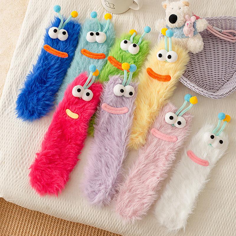 1 Pair Christmas Stockings Funny Monster Socks Autumn Winter Coral Fleece Floor Fuzzy Socks Couple Sleep Sock