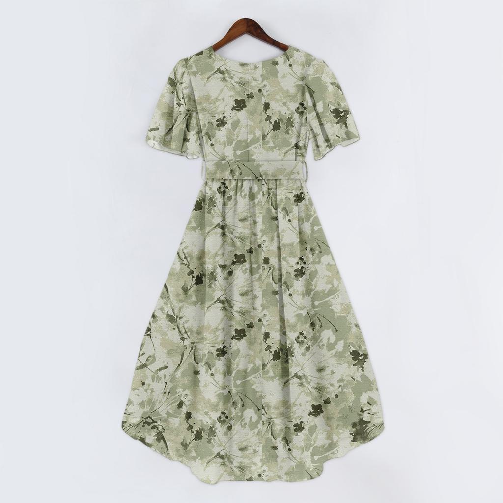 Women's Fashion Casual V Neck Short Sleeve Ruffled Vintage Printed Dresses
