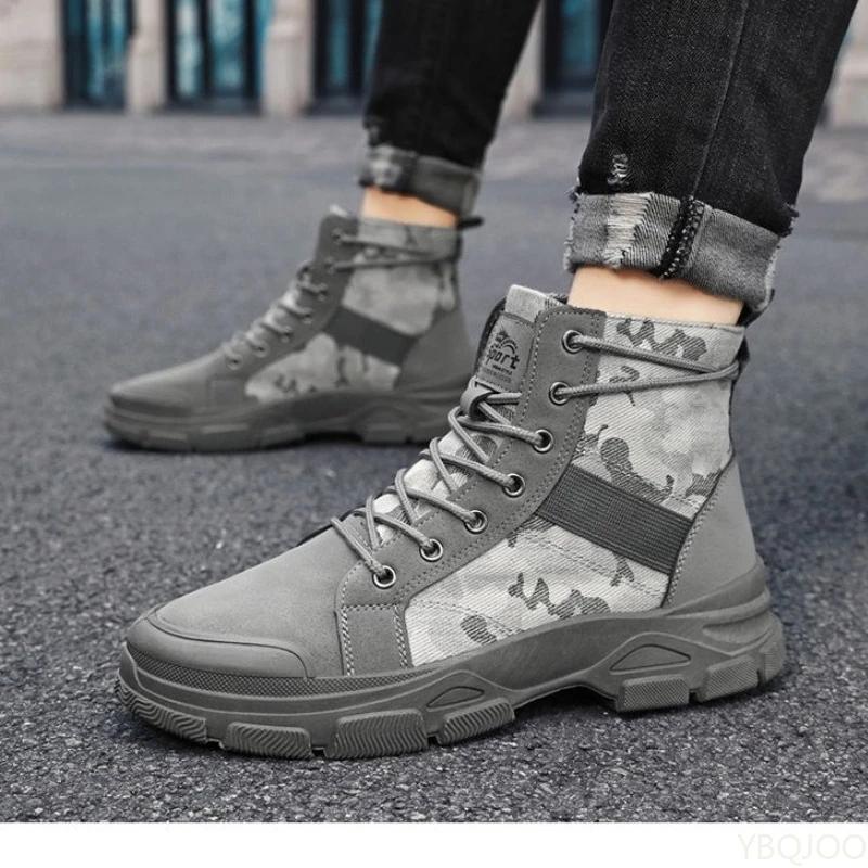 Fashion Men Outdoor Working Shoes Lace-up Ankle Boots Men's High Top Boots Platform Casual Shoes Non Slip Comfortable Hiking Boots
