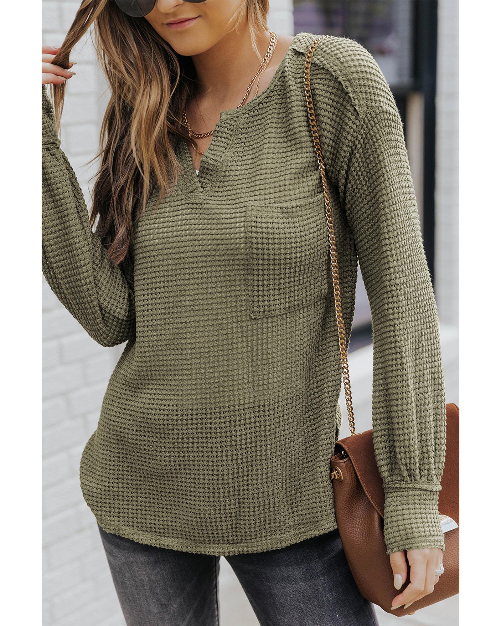 

Azura Exchange Knit Split Neck Pocketed Top S зелений