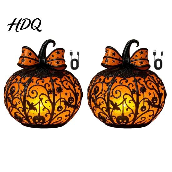 Jack-O-Lantern Nigh Light 1/2Pcs Halloween Bow Pumpkin Light Stained Glass Desk Lamp Table Centerpieces Spooky Decoration for Home Office Fall