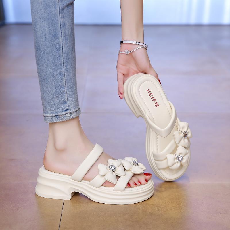 CRLAYDK Sandals for Women Strap Slip On Flowers Leather Slides Ladies Footwear Platform Low Square Heel Casual Beach Slippers