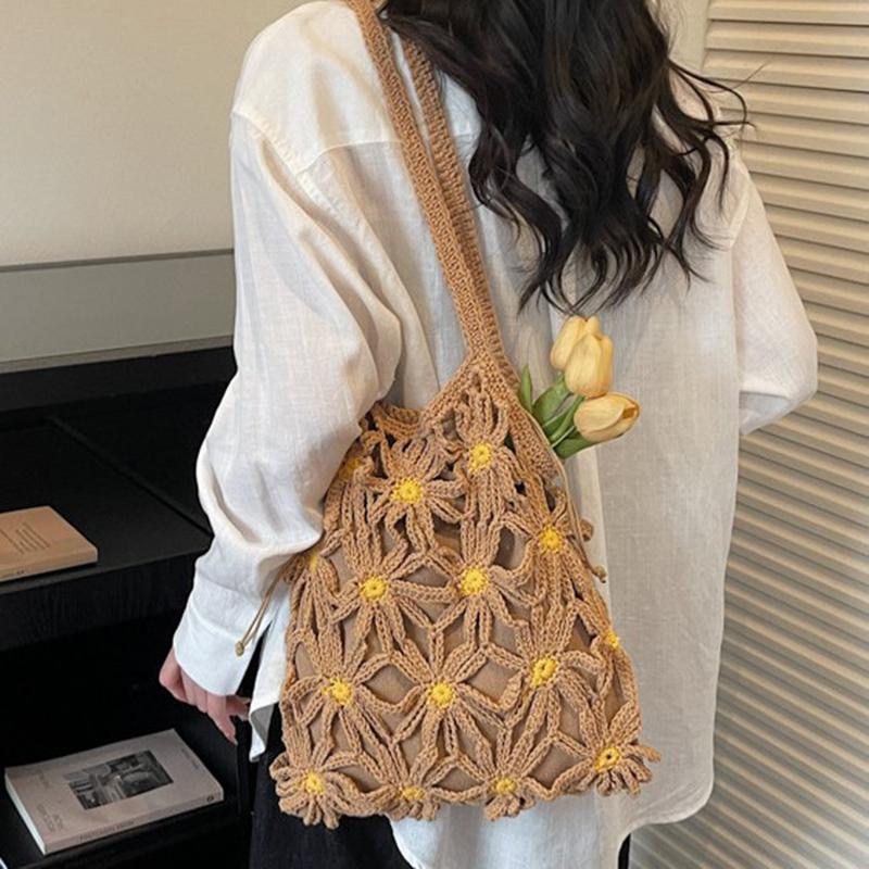 Yogodlns Neue vielseitige gewebte Stroh-Umhängetasche für Damen, handgefertigte gewebte Tasche mit Blumenmuster und Hohlmuster für Damen, Strandtasche für den Urlaub am Meer