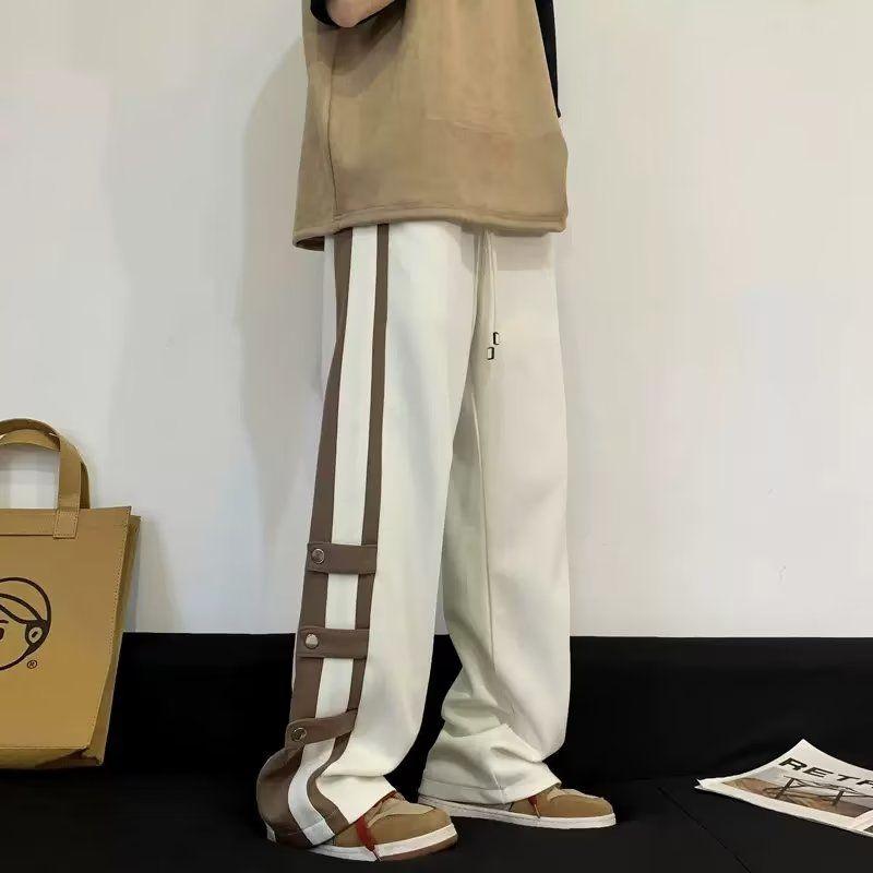 Splicing Contrasting Casual Pants for Men Featuring a Trendy American High Street Design with Loose Straight Legs and Wide Legs