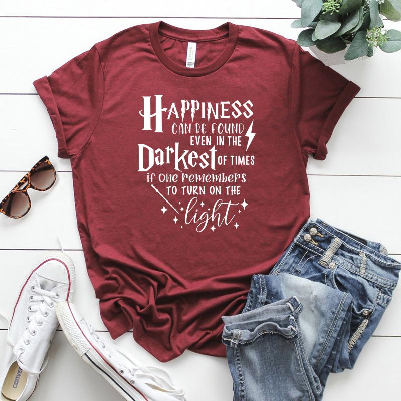 Happiness Can Be Found In The Darkest of Times T-shirt HP Inspired Shirt Dumbledore Quote Wizard Tee Magic School Tops