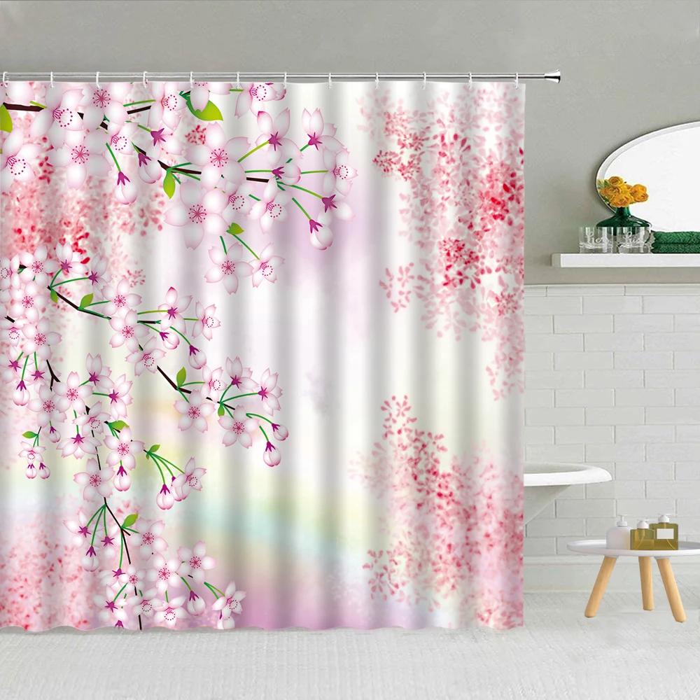Floral Shower Curtain, Spring Nature Theme Cherry Blossom Bathroom Decor Polyester Fabric Waterproof Bath Curtain with Hooks