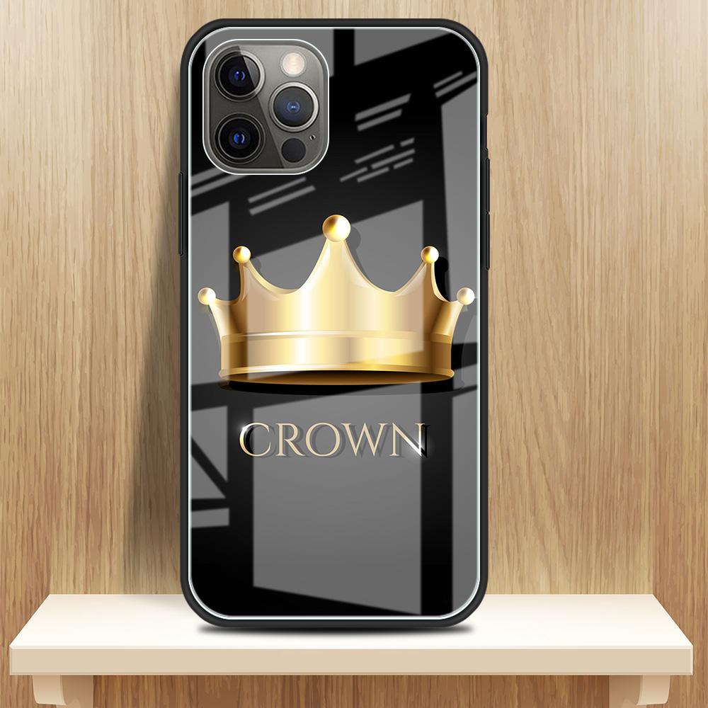 Diamond Crown Printing Glass Case For iPhone 11 13 12 14 Pro XR X XS Max 7 8 6 6S Plus SE 2020 Tempered Black Edge Phone Covers