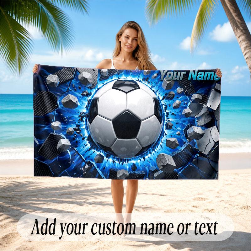 Soccer Theme Beach Towel Personalized Custom Name & Text Soft Quick Dry Beach Towel for Swimming Travel