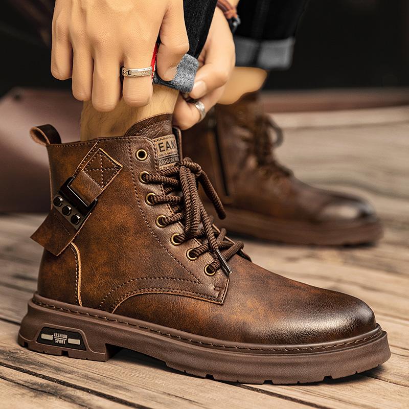 Fashion Outdoor Men Boots Genuine Leather Waterproof Lace Up Men Autumn Winter Cowhide Boots Working Boots for Men Non Slip Side Zipper