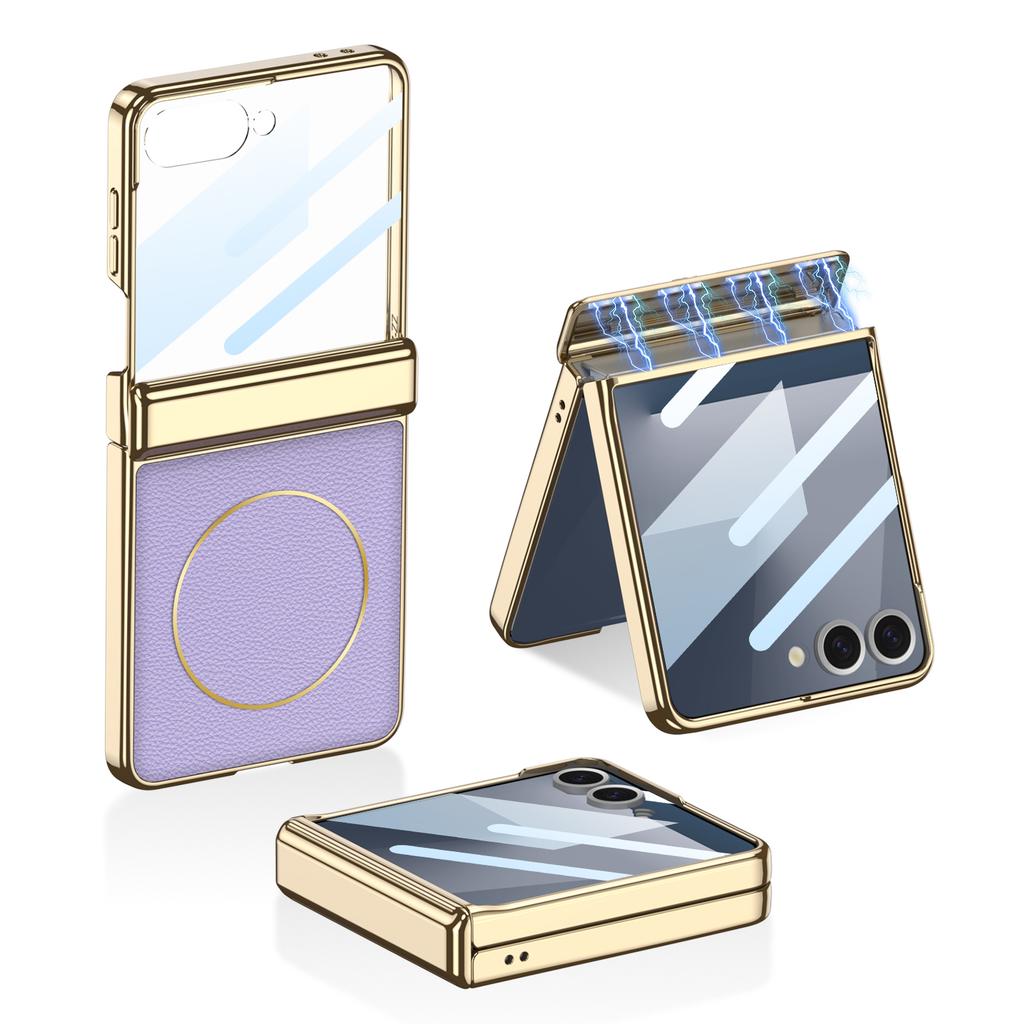 Magnetic Hinge Wireless Charge Case for Samsung Galaxy Z Flip 7 Plating PU Leather Screen Glass Cover For Galaxy Z Flip7 Case