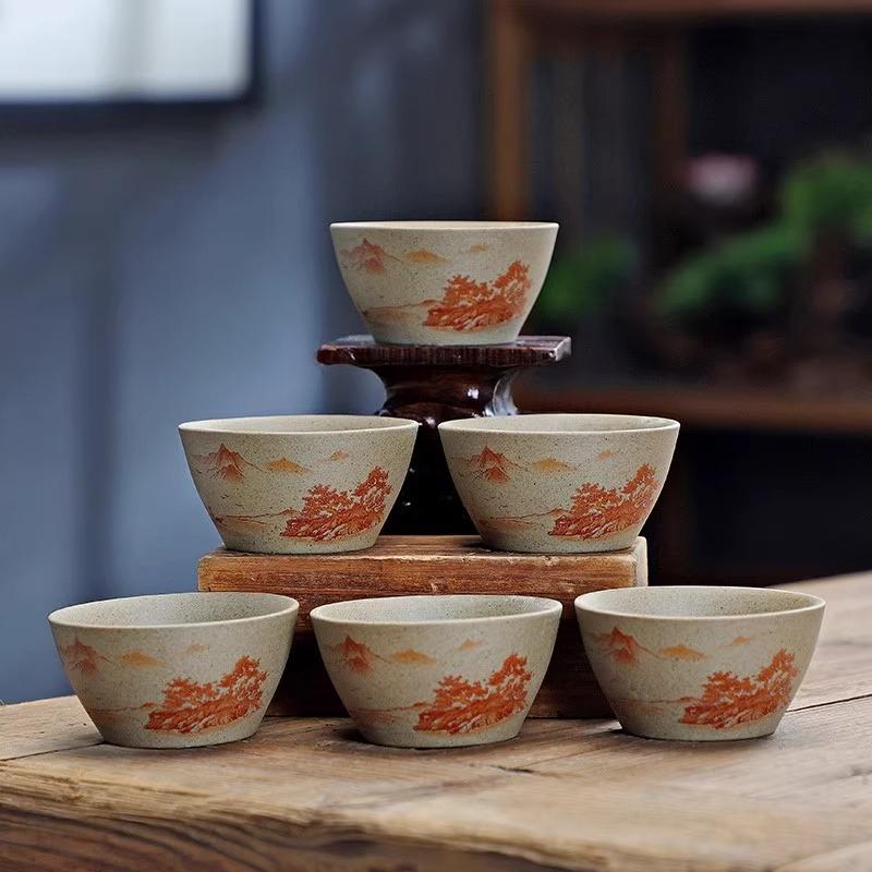 

6pcs Kung Fu Little Tea Cup Household Ceramic Purple Clay Tea Bowl Chinese Coarse Pottery Conical Hat Tea Cup Teaset Accessories 70ml