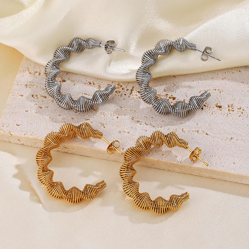 Spring Coil Twisted C Shape Hoop Earrings Gold Color Stainless Steel Geometric Earrings  Jewelry Gifts