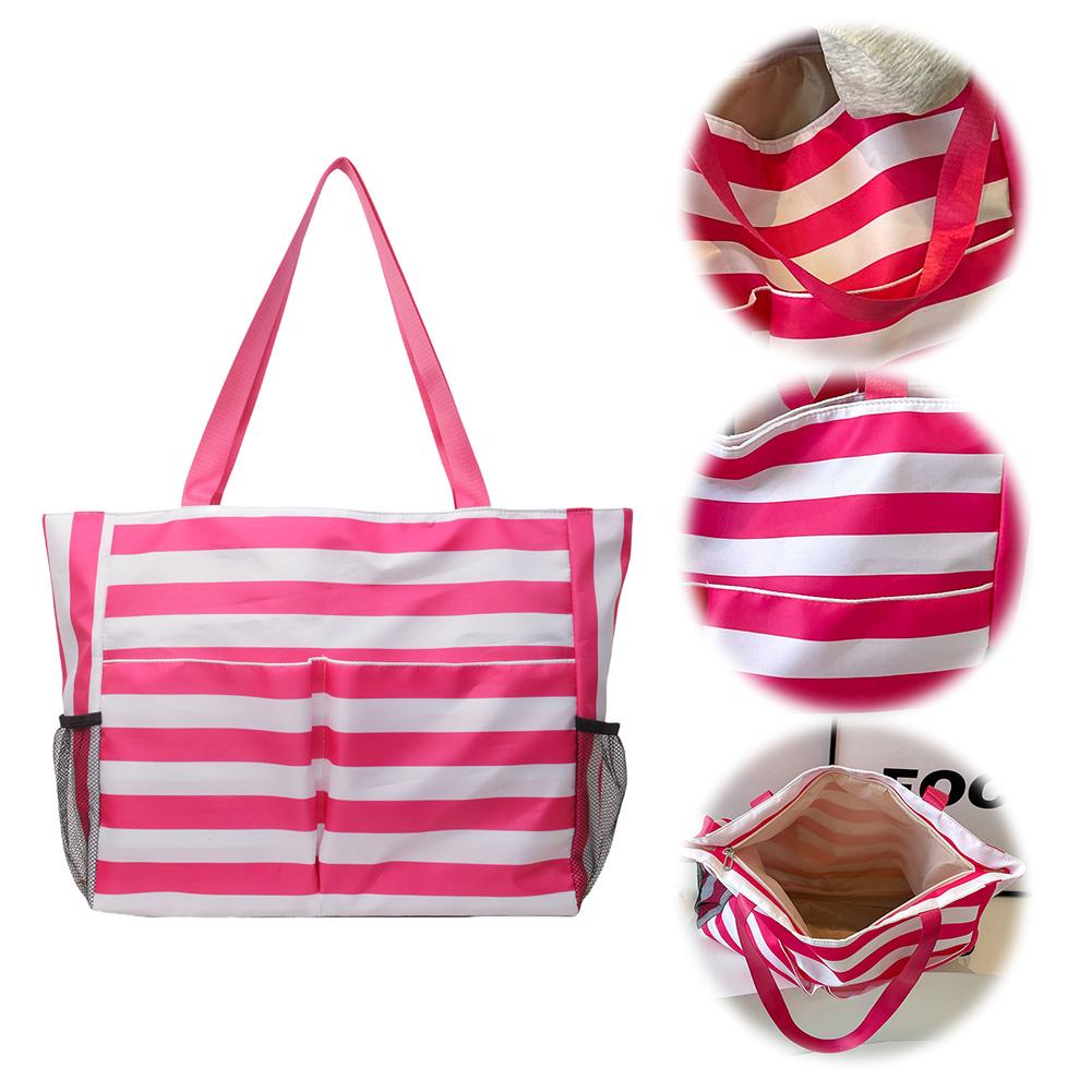 

Women Striped Tote Bag Simple Shoulder Purse Large Capacity Contrast Color Handbag Multi-pockets Zip Closure Casual Travel Bag