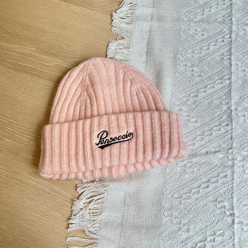 Letter Embroidered Knitted Hat Autumn and Winter Warm Solid Color Woolen Hat Big Head Circumference Showing Face Small Woolen Hat