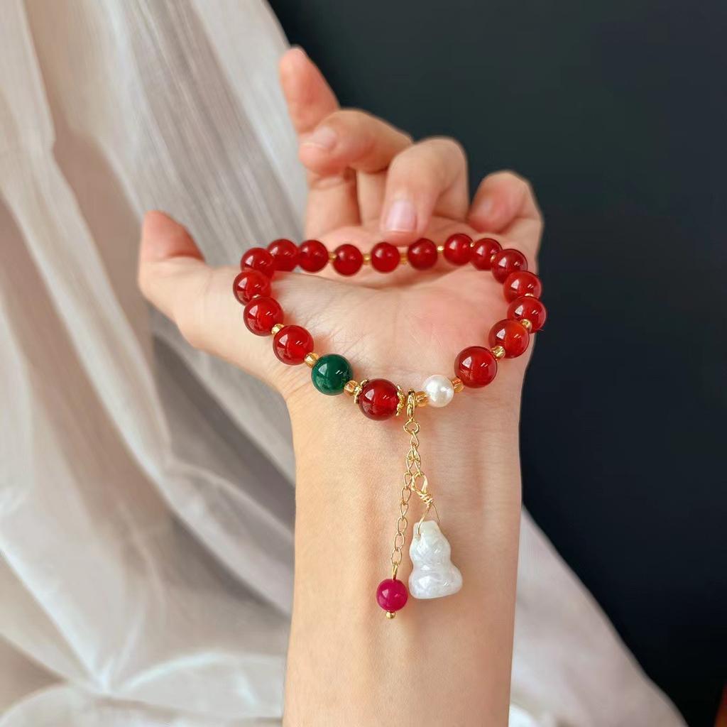 Retro New Year'S Red Natural Agate Chalcedony Single Ring Bracelet Simple Jewelry Gift Bracelet