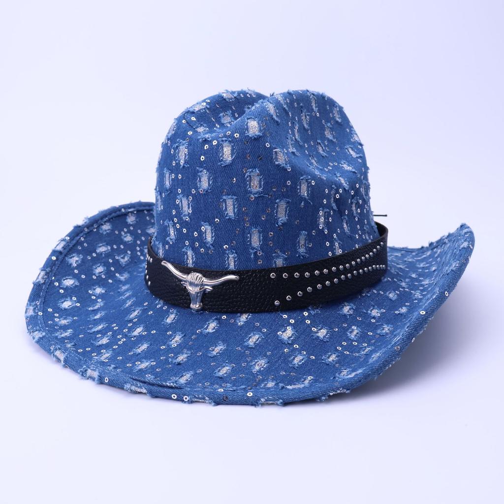 High-Quality Old Denim Ripped Western Denim Hat Fashionable Black Cow Head Belt Jazz Hat European And American Style Top Hat
