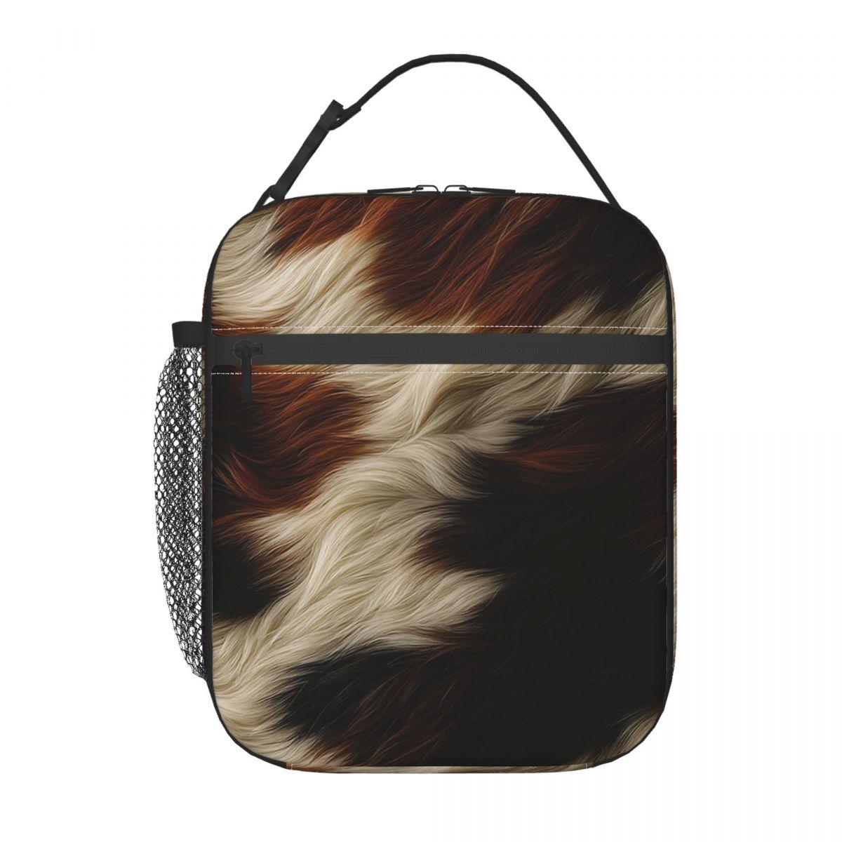 

Brown White Cowhide Pattern Insulated Lunch Bag for Kids School Cooler Thermal Food Box Tote Portable Lunch Boxes Container One Size