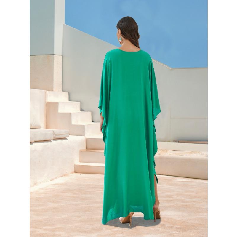 Women's Fashion Spring Fall Solid Color Print Long Sleeve V-Neck Loose Waistline Casual Dresses