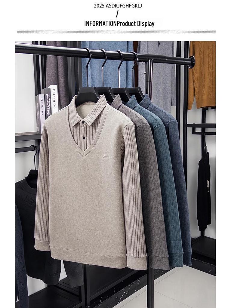 Herren Winter Umlegekragen Wollpullover mit Maulbeerseide & Samtfutter - Warmer Strick Zweiteiler-Look