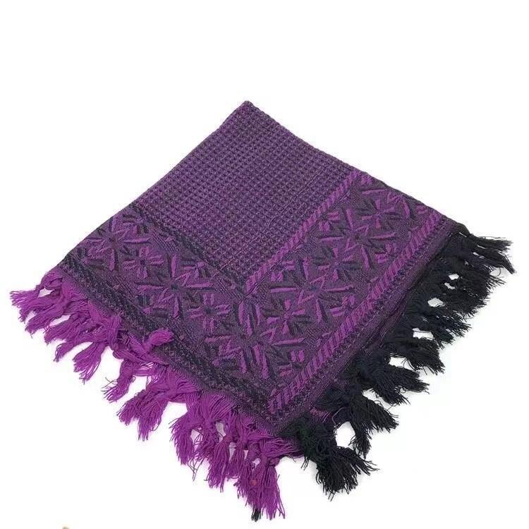 

Traditional Elderly Woman Headscarf With Woolen Knit Square Pattern For Rural Farm Photoshoot Purple