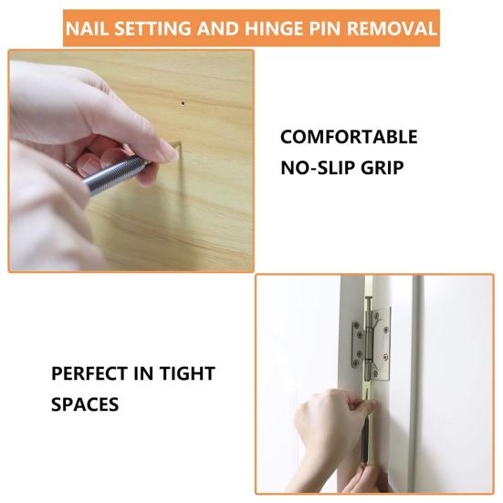 Dual Head Spring Nail Set Hinge Pin Punch Tool 3500 PSI Impact Hammerless Design Durable Steel Construction Wood/Metal/Glass Marking Removal