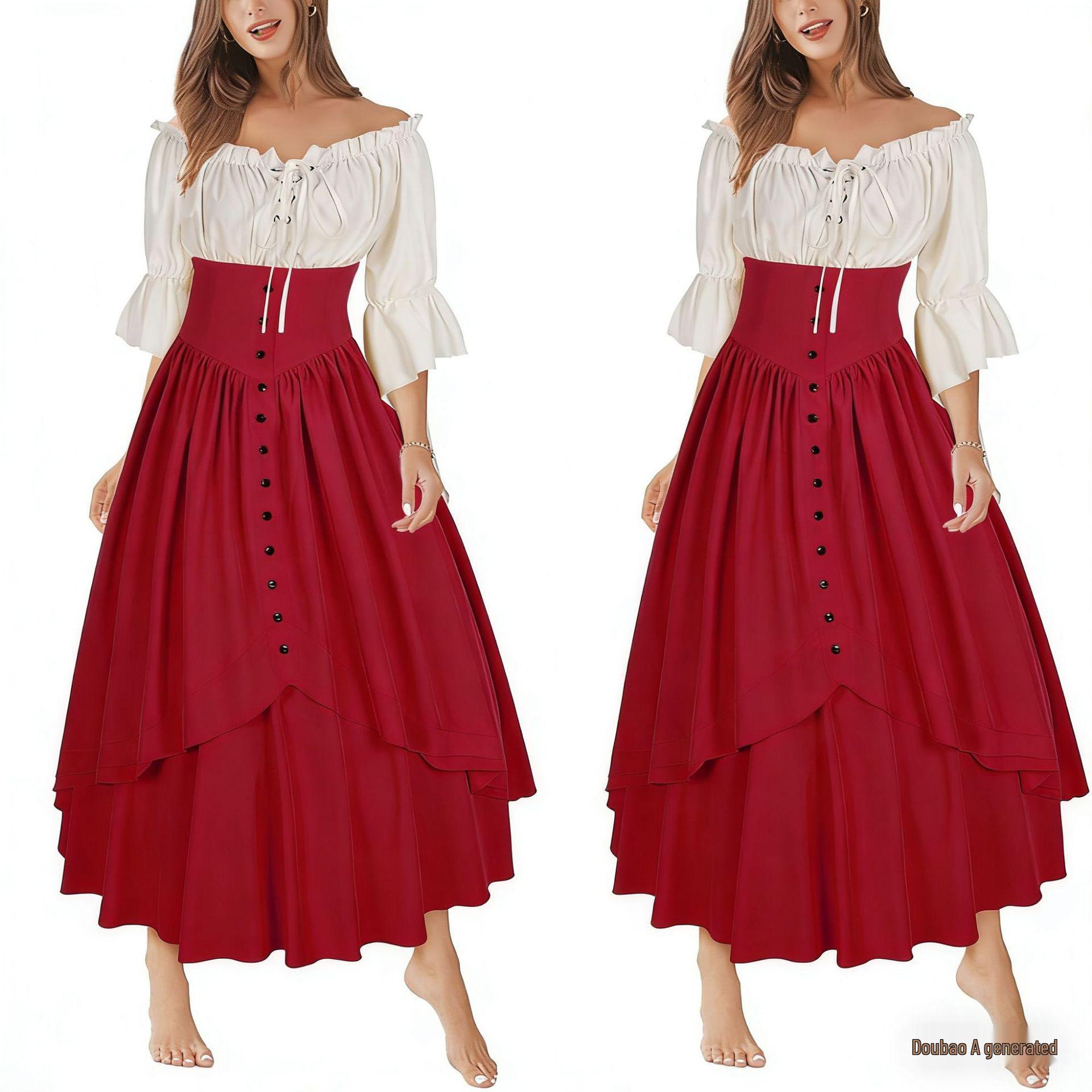 Renaissance Lace Asymmetrical Fairy Dress for Halloween L вино красного