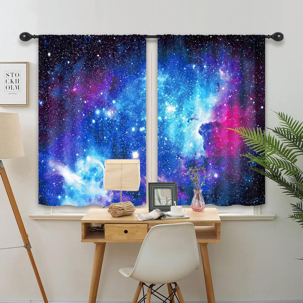 Galaxy Sky Star Curtains Blue Starry Shining Night Outer Space Cosmic Celestial Universe Planets Rod Pocket Boys Fantasy Bedroom