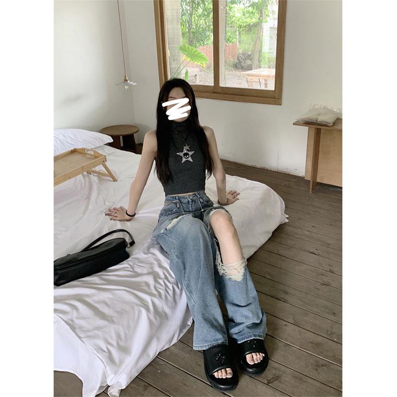 Women's High Waist Washable Ripped Jeans - Slimming, Loose Fit, Floor-Length Wide-Leg Pants