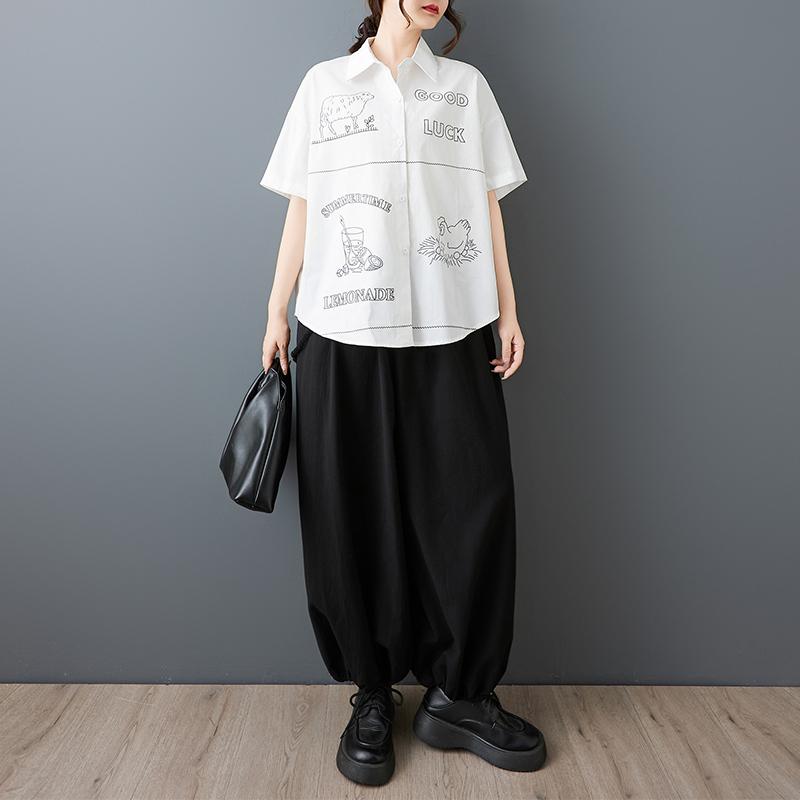 DIMANAF 2026 Plus Size New Spring Summer Blouse Short Sleeve Casual Shirt Women Loose Tops Shirts Cotton Black Print