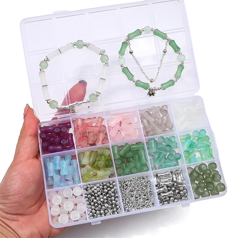 370 piezas/caja de cuentas de bambú de cristal, cuentas de metal con forma de espacio para pulseras, collares, fabricación de joyas DIY