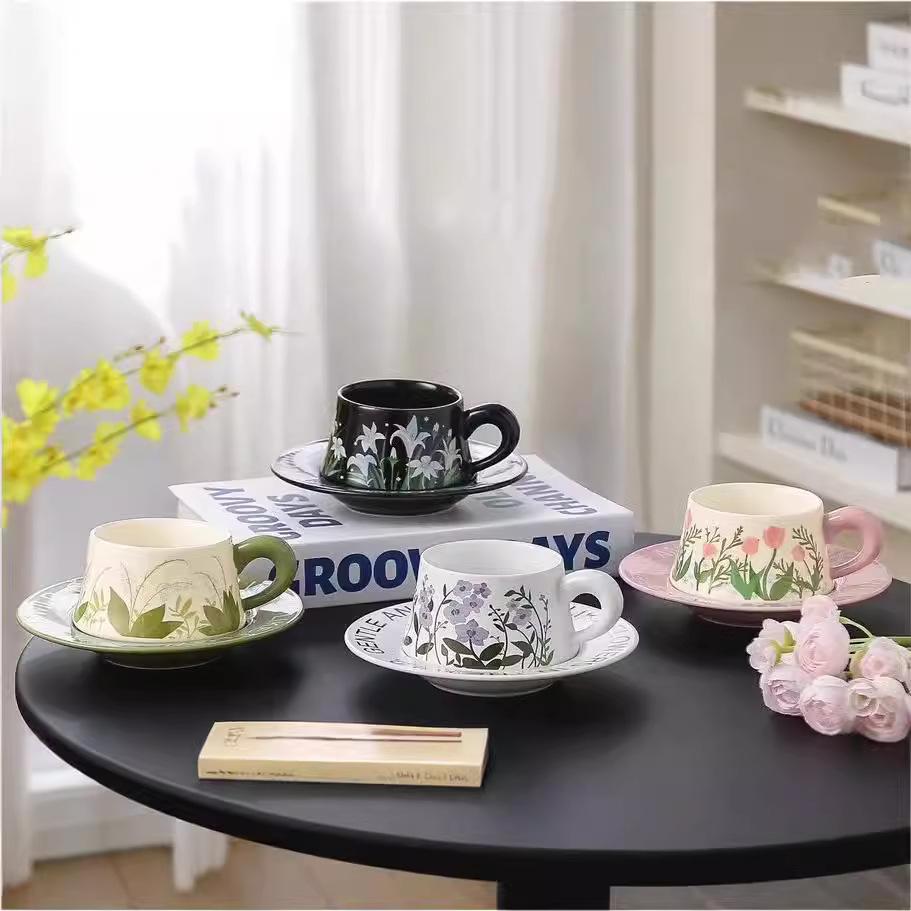 Pastoral Style Ceramic Coffee Cup Saucer Set Internet Celebrity Afternoon Tea Cup Dessert Combination High End Feeling Fresh Literary Romantic