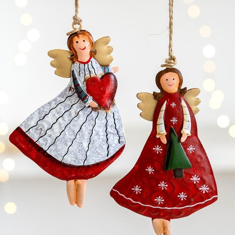 Pack of 4 Retro Iron Angel Girl Ornament Bucolic Christmas Decorations for Homes Holiday Party Hanging Decors
