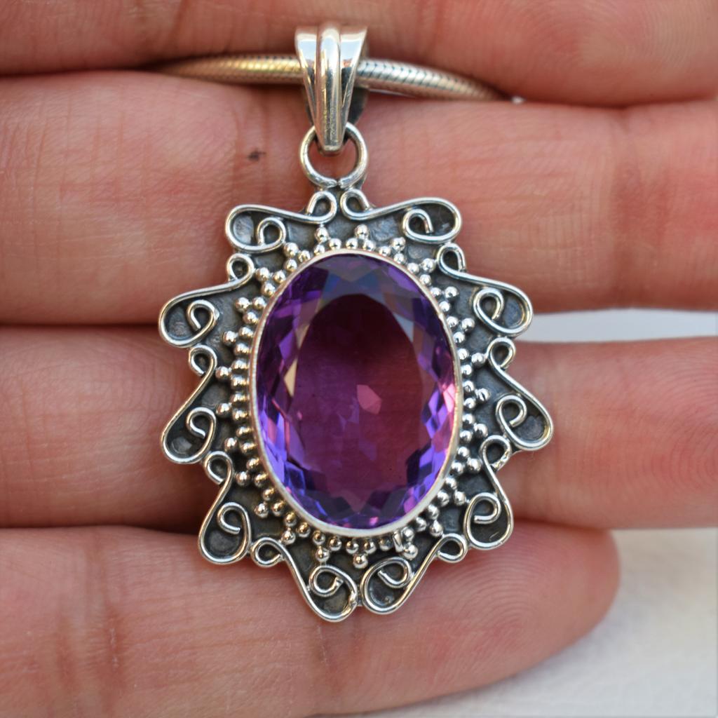 Natural Amethyst Pendant, Oval Designer Pendant, Boho Pendant, Anniversary Pendant, 925 Sterling Silver Handmade Pendant