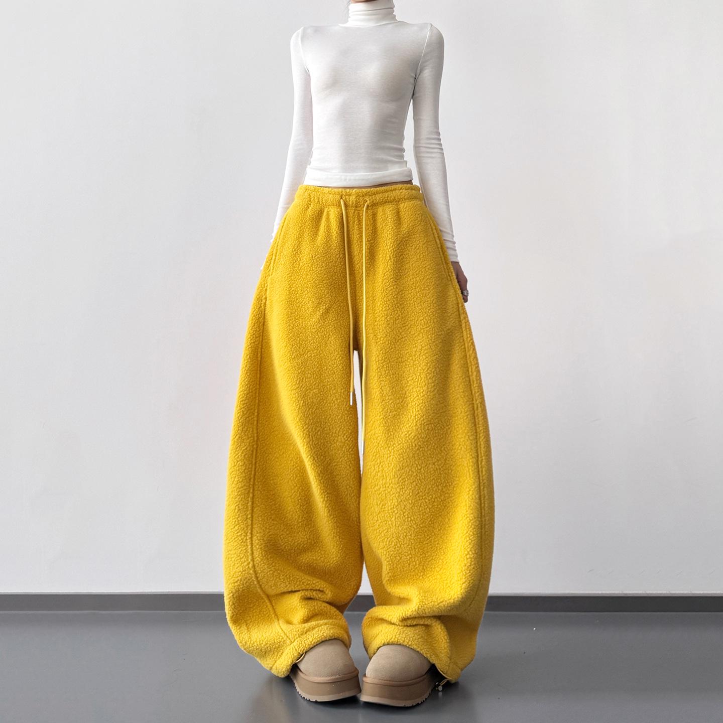 Dopamine Yellow Women s Plaid Fleece Sweatpants - Loose, Thick, Wide-Leg, Cuffed, Patchwork. S