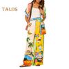 2 Pcs/Set Women Shirt Pants Set Hawaii Vacation Style Colorful Print Single-breasted Short Sleeve Lapel Top High Elastic Waist Wide Leg Trousers