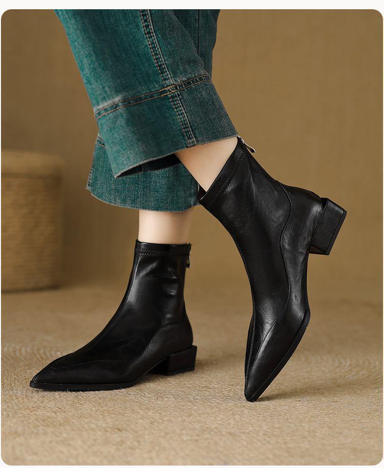 Women's Genuine Leather Sheepskin Ankle Boots - Pointed Toe, Chunky Heel, Back Zipper, 2025 New Stretch Sock Slim Boots