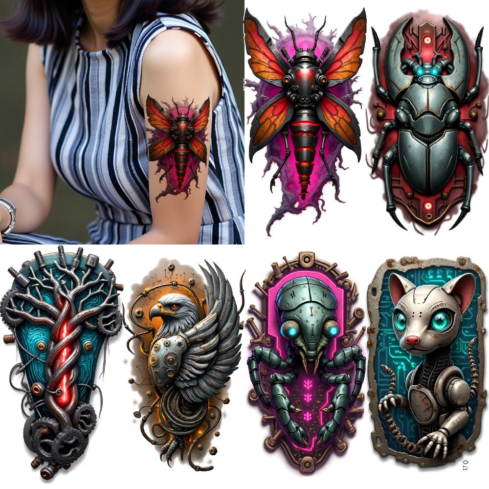 3pcs Temporary Tattoo Colorful Realism Mechanical Tree Stylized Moth Tech Wolf For Thighs Women Men