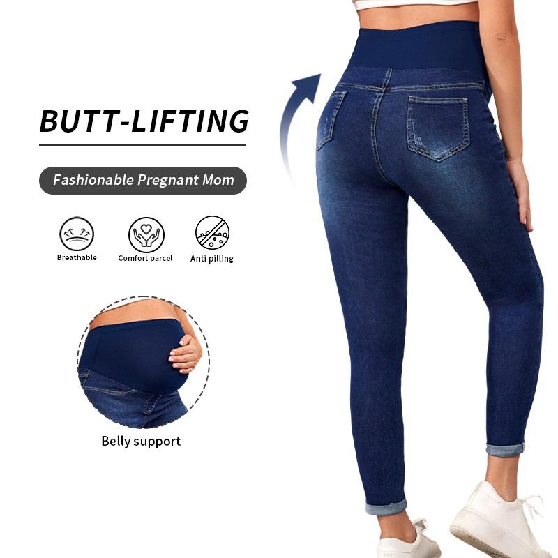 Pregnant Women High Waist Support Belly Jeans Maternity Hip Lifting Elastic Denim Pants Daily Work Wear Streetwear Loungewear