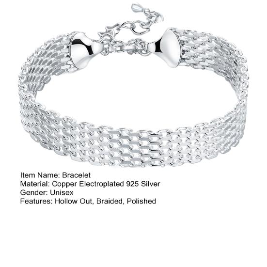 Women Bracelet Adjustable Braided Hollow Out Silver Color Polished Wide Couple Bangle Daily