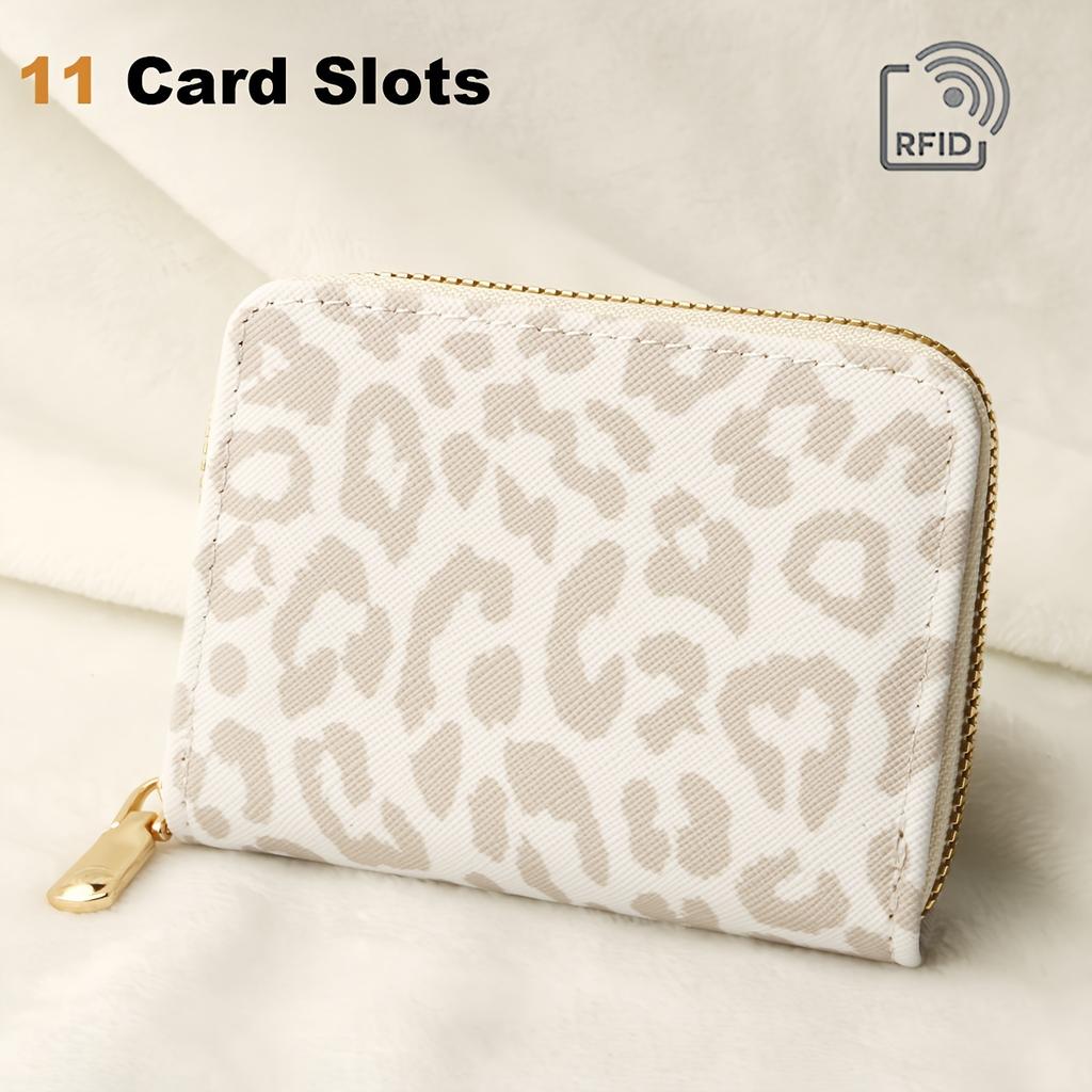 Fashionable Leopard Print Mini Wallet With RFID Blocking, PU Material Purse With Zipper Closure And 11 Card Slots(4.3''x 3.1'')
