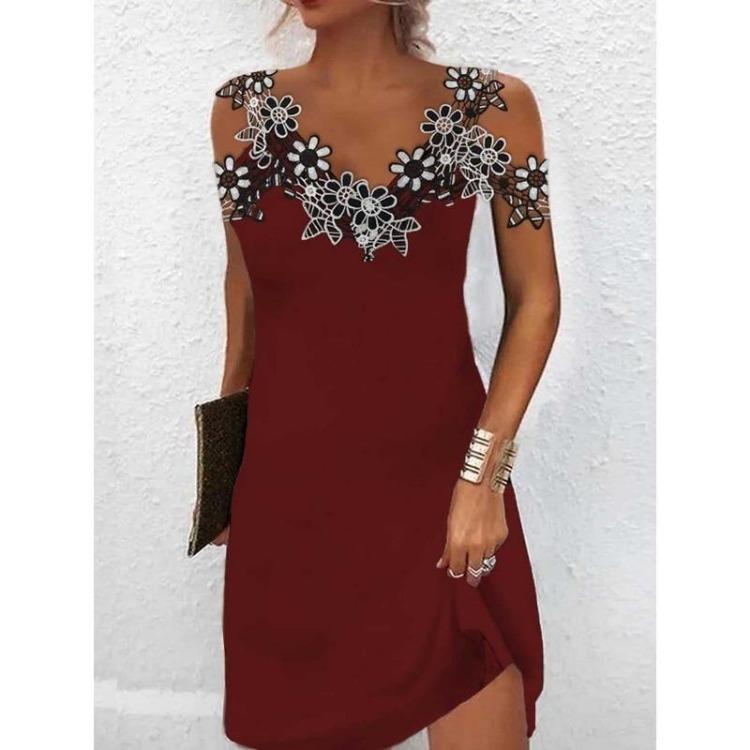 Women's Floral Applique Casual Cold Shoulder V Neck Dress Clothing